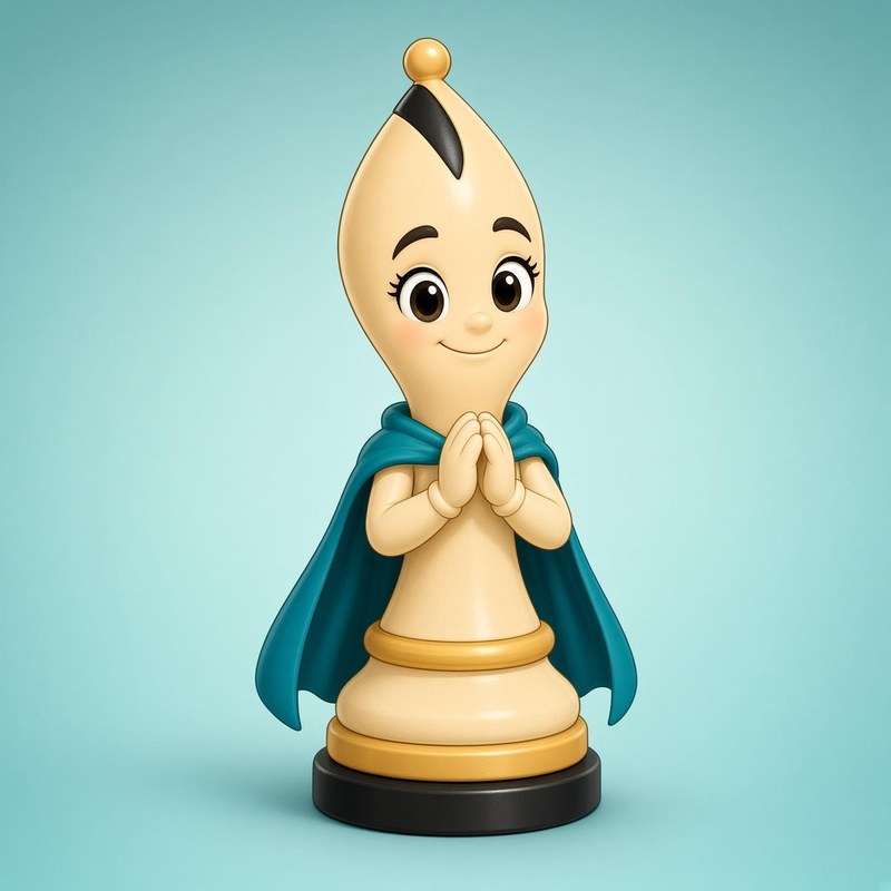 Bishop Benny, a pointed chess piece with a teal cape.