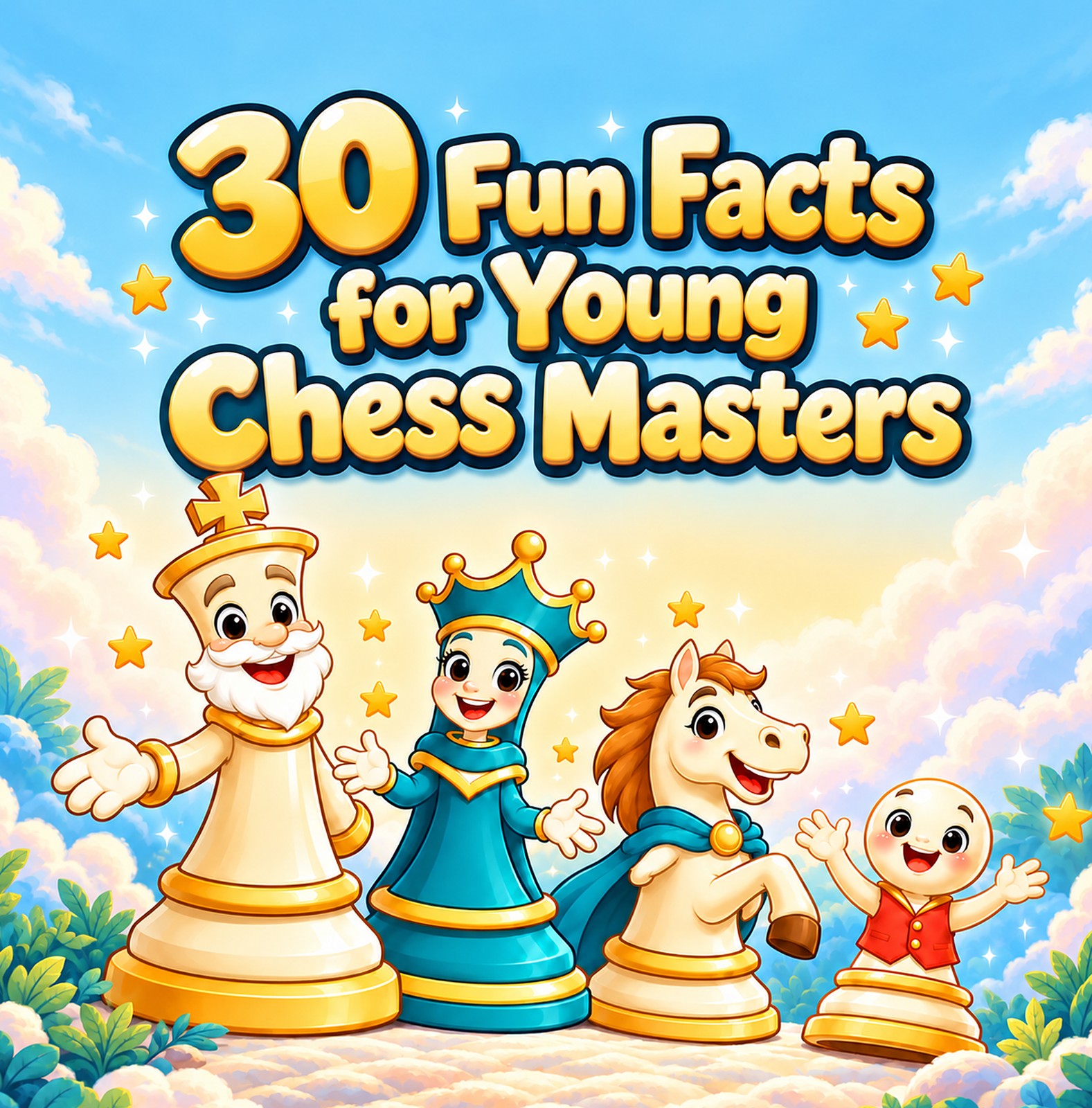 Book cover: 30 Fun Facts for Young Chess Masters, with a smiling king, queen, knight and pawn.
